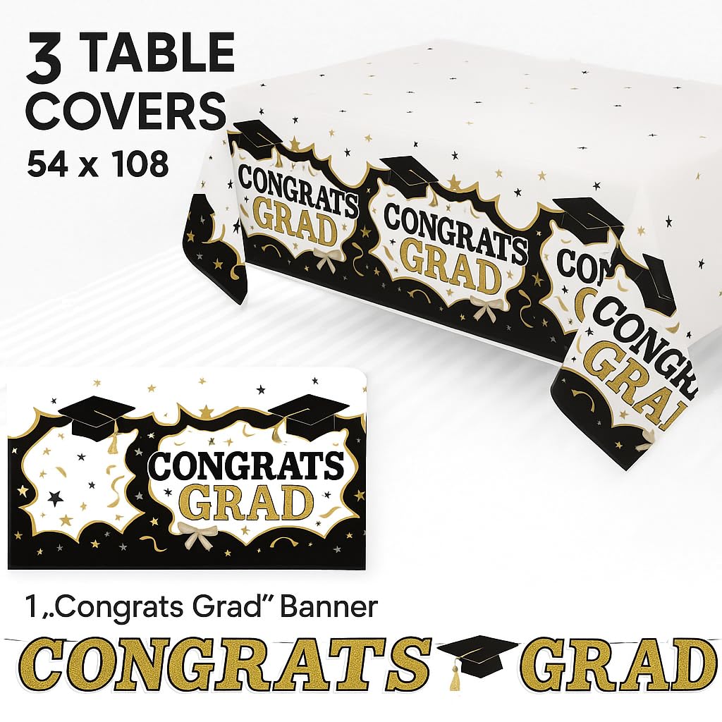 Oojami 3 Pack Black and Gold Graduation Tablecloths with Congrats Grad Banner - 54 x 108 | 2025 Graduation Party Supplies, Large