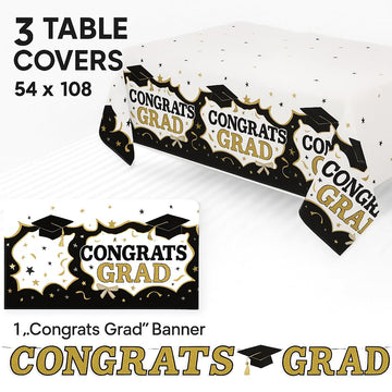 Oojami 3 Pack Black and Gold Graduation Tablecloths with Congrats Grad Banner - 54 x 108 | 2025 Graduation Party Supplies, Large