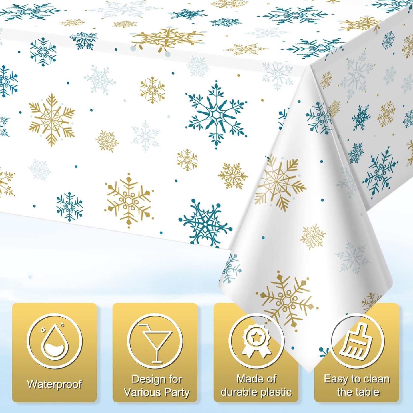3Pcs Snowflake Plastic Tablecloth Christmas Snowflake Disposable Table Cloth White Blue and Gold Winter Wonderland Table Cover f