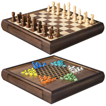Elongdi 2 In 1 Magnetic Chess Set & Chinese Checkers 13' Wooden Board Game With Storage Drawer And 60 Glass Marbles + Bonus 12 Spare & 2 Extra Queens,For Kids And Adults