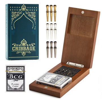 Wooden Cribbage Board Game Set, Travel Cribbage Board With Storage And Collapsible, With Magnetic Lock / 9 Metal Pegs/Full Deck