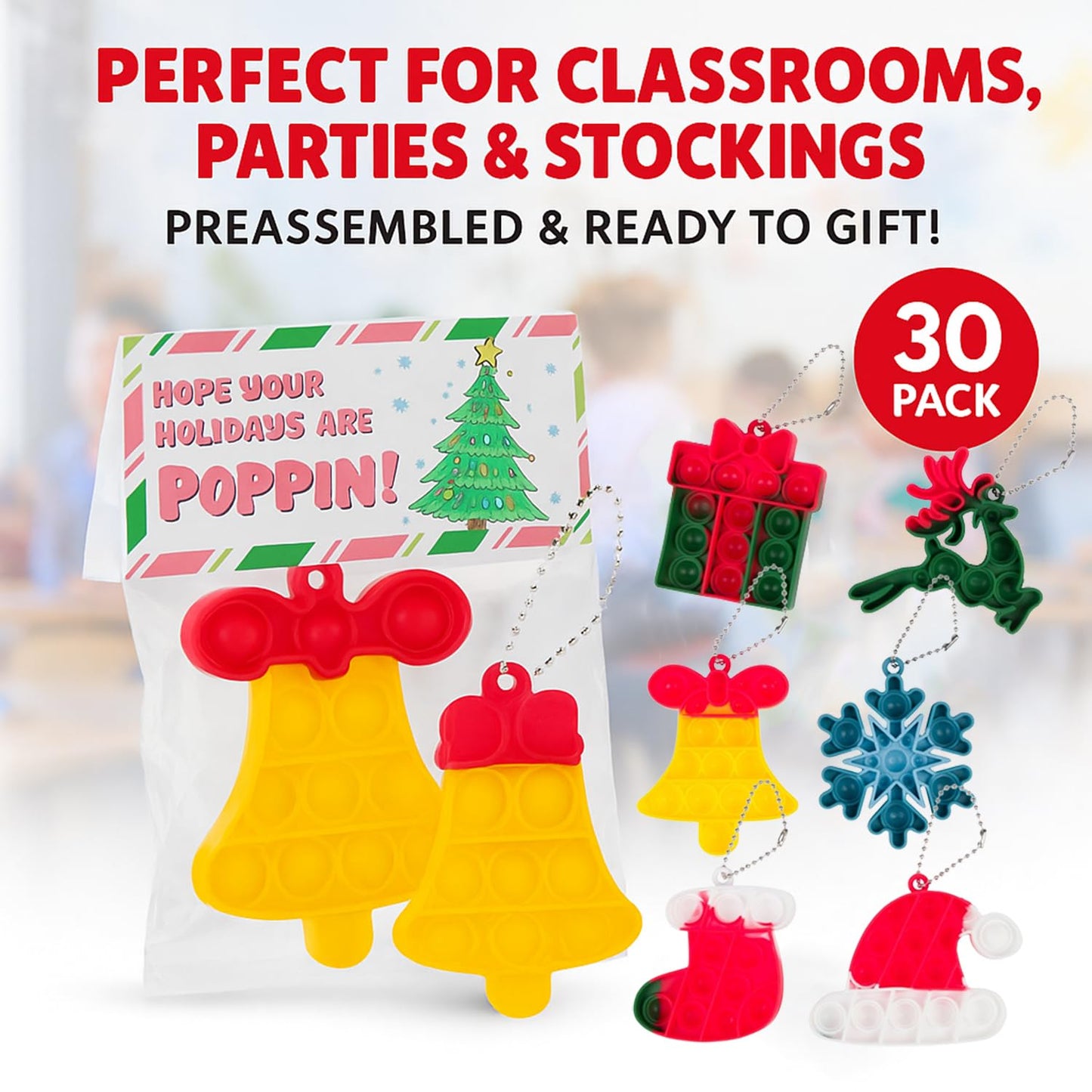 30 Pack Bulk for Students, Christmas Pop It Fidget Toys, for Kids Classroom, Prizes, Stocking Stuffers, Office Gifts, and popit