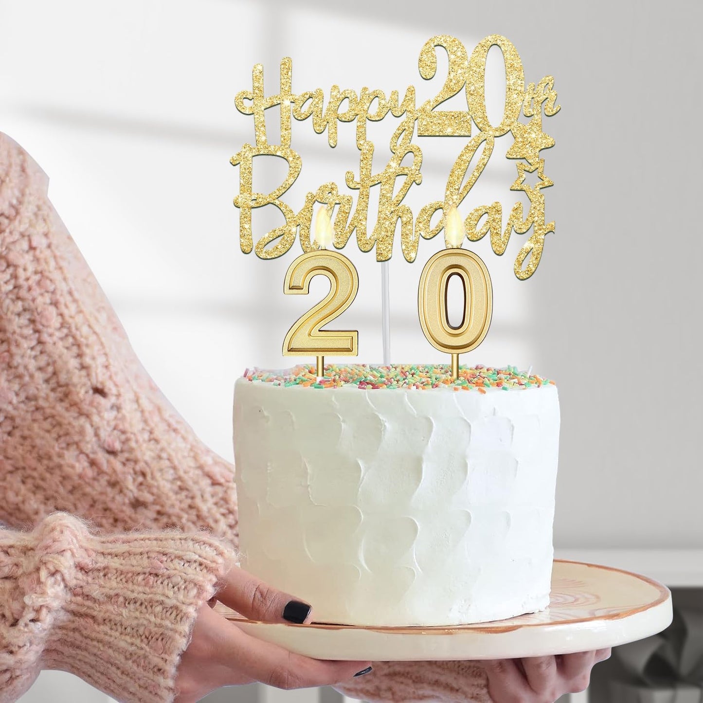 20th Birthday Decorations for Women Gold Set with 20th Birthday Tiara and Sash, 20th Birthday Cake Topper and Number 20 Candles,