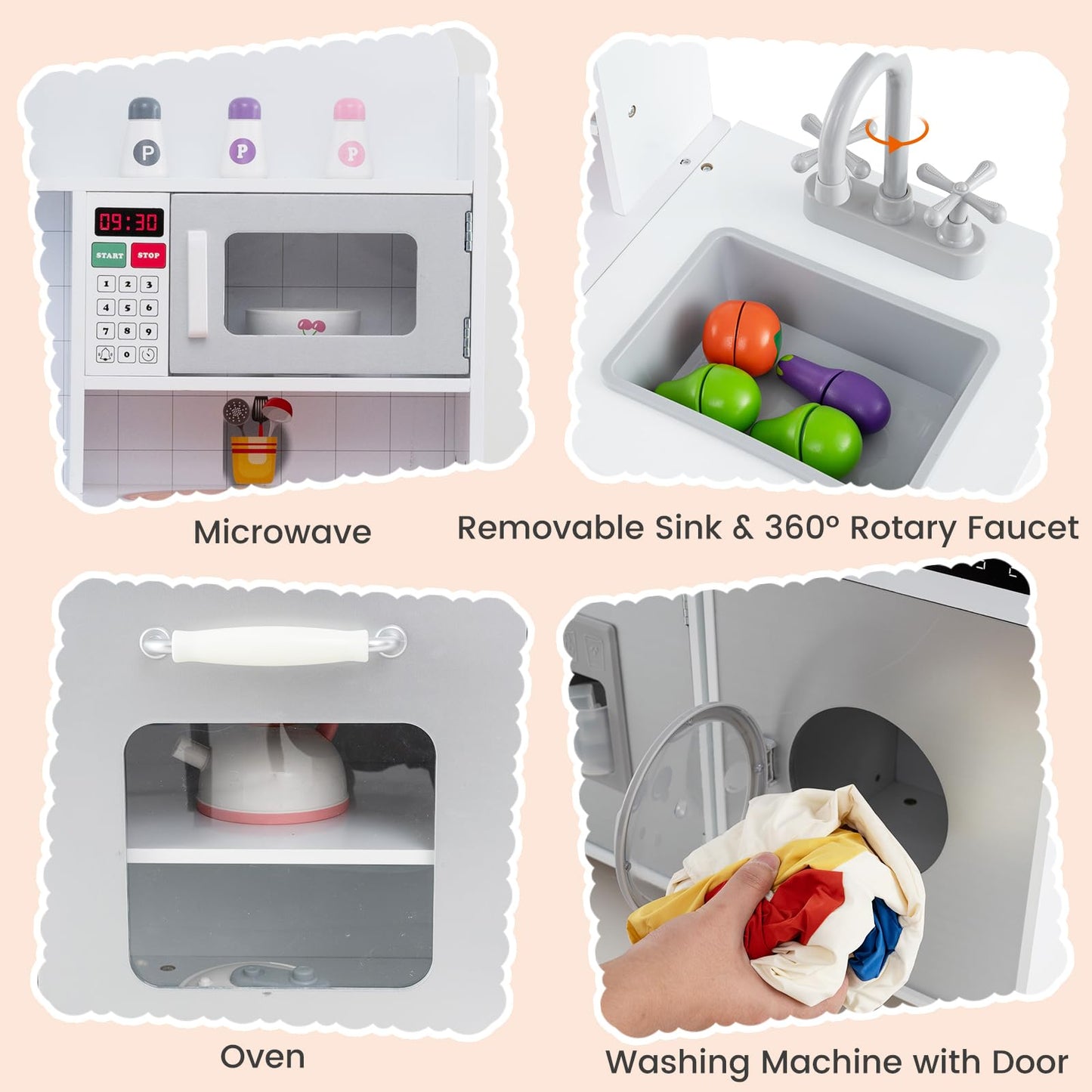 Costzon 3-Piece Play Kitchen for Kids, Wooden Toy Kitchen Set with Refrigerator, Washing Machine, Range Hood, Ice Maker, Kids Ki