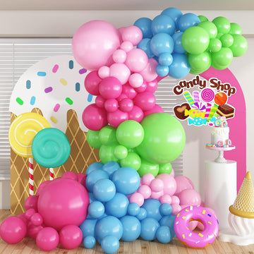 Candy Colorful Balloon Arch, 128 Pcs Pastel Rainbow Balloon Garland With Bright Light Baby Hot Pink Blue Lime Green Balloons, Ma