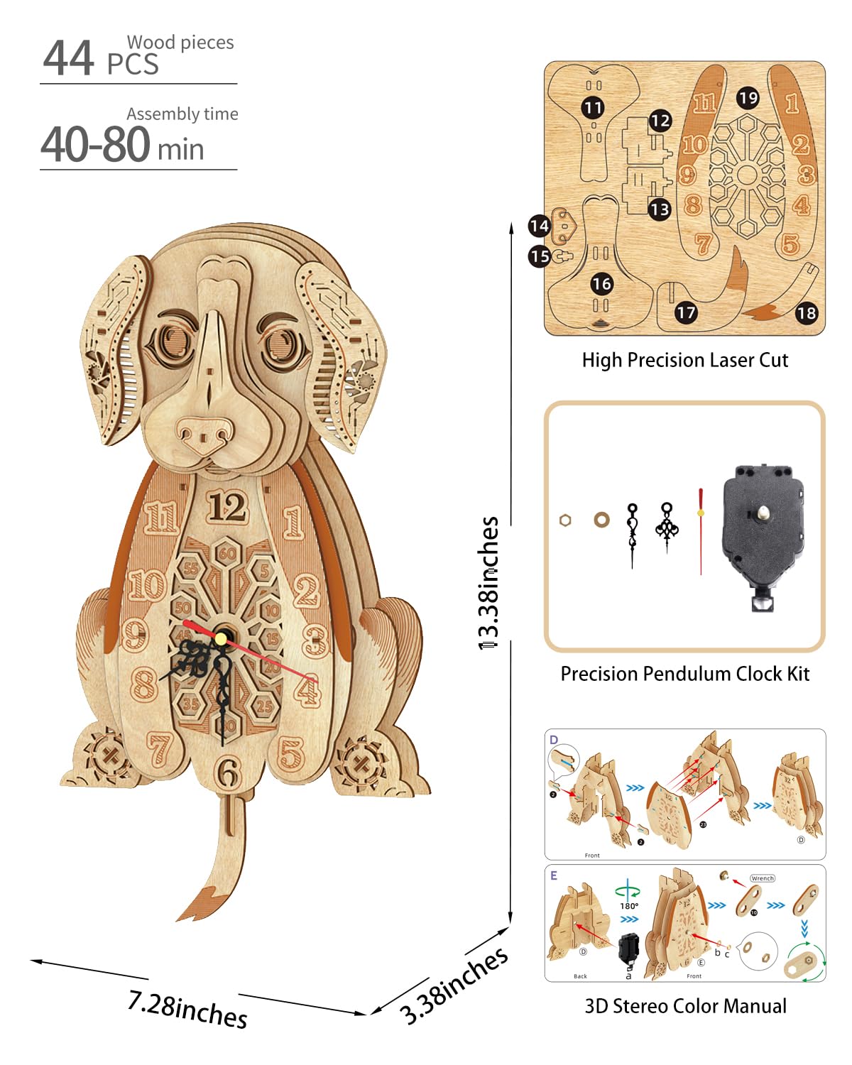 Beagle Clock: 3D Wooden Puzzle For Adults Christmas-Themed Wooden Clock Kits To Build With Wall Clock Pendulum