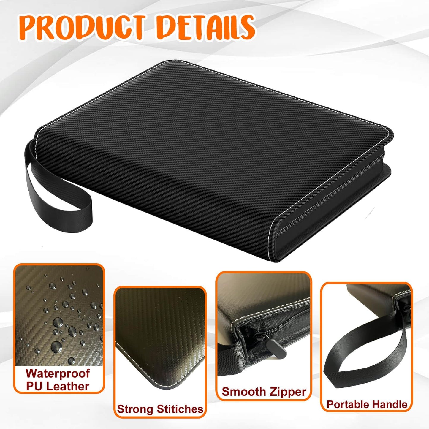 Trading Card Binder 4-Pockets, Trading Card Album Can Hold 400 Cards With 50 Removable Sleeves, 3-Ring Zipper Trading Card Holde