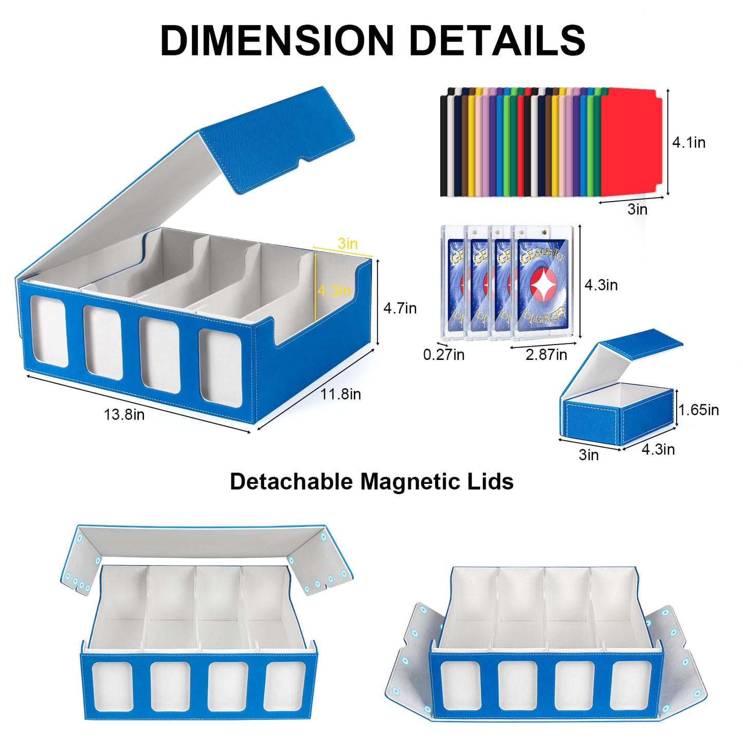 GEAoffice Trading Card Storage Box for 3200+ Cards With Display Windows  enhanced MTG Commander Deck Box With Card Supporters & Divider  Commander Storage box for YuGioh  TCG  Magic Game  Blue/White