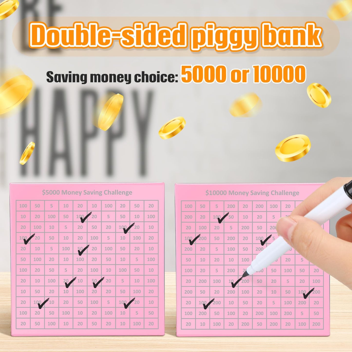 CroBlissful Money Saving Box 4.72 Inches Unbreakable Piggy Bank for Adults with 2 Dry-Erase Pens Cash Savings Challenge Box Two-