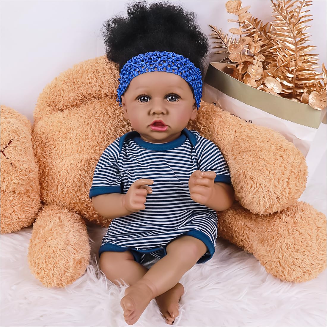 Maihao Reborn Baby Dolls Black Girl With Soft Body African American Real Life Babies Girl That Look Lifelike Newborn Baby Open Eyes 22Inch (Blue)