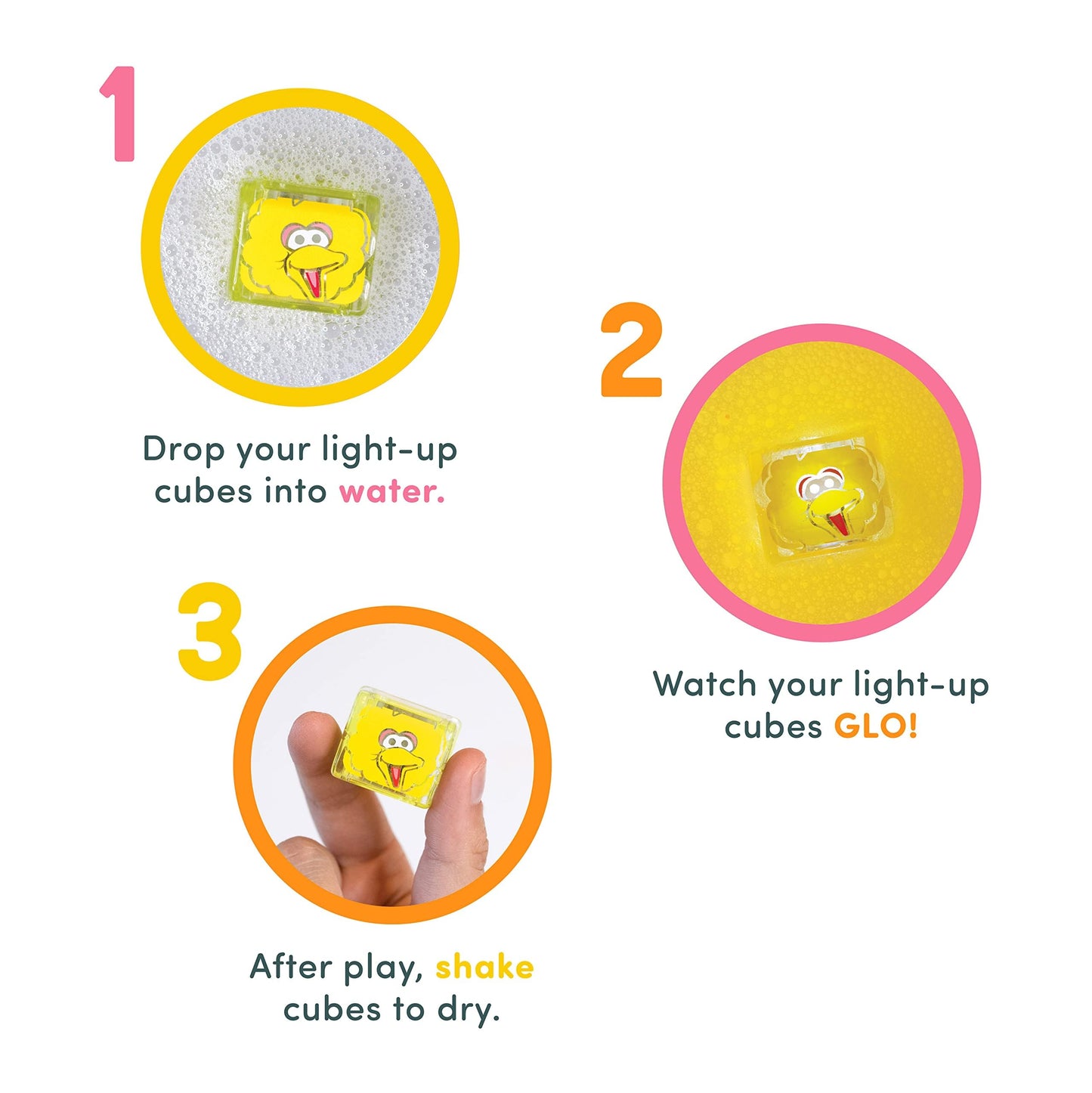 Glo Pals x Sesame Street Water-Activated Bath Toy with 6 Reusable Light-Up Cubes for Sensory Play (Big Bird, Cubes with Characte