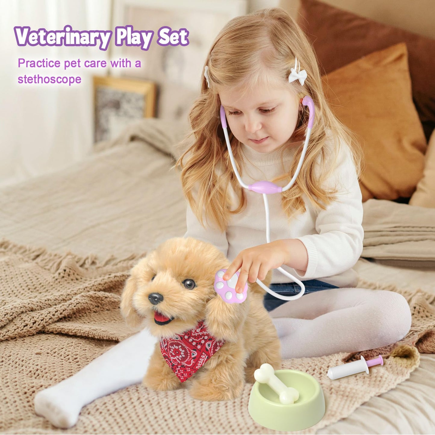 Yh Yuhung Walking Dog Toy For Kids With Leash, Remote Control Toy Puppy That Can Walks, Barks, Feeds, Sits Down And Wag Its Taii, Interactive Golden Retriever Stuffed Dog For Kids 3+ Years Old