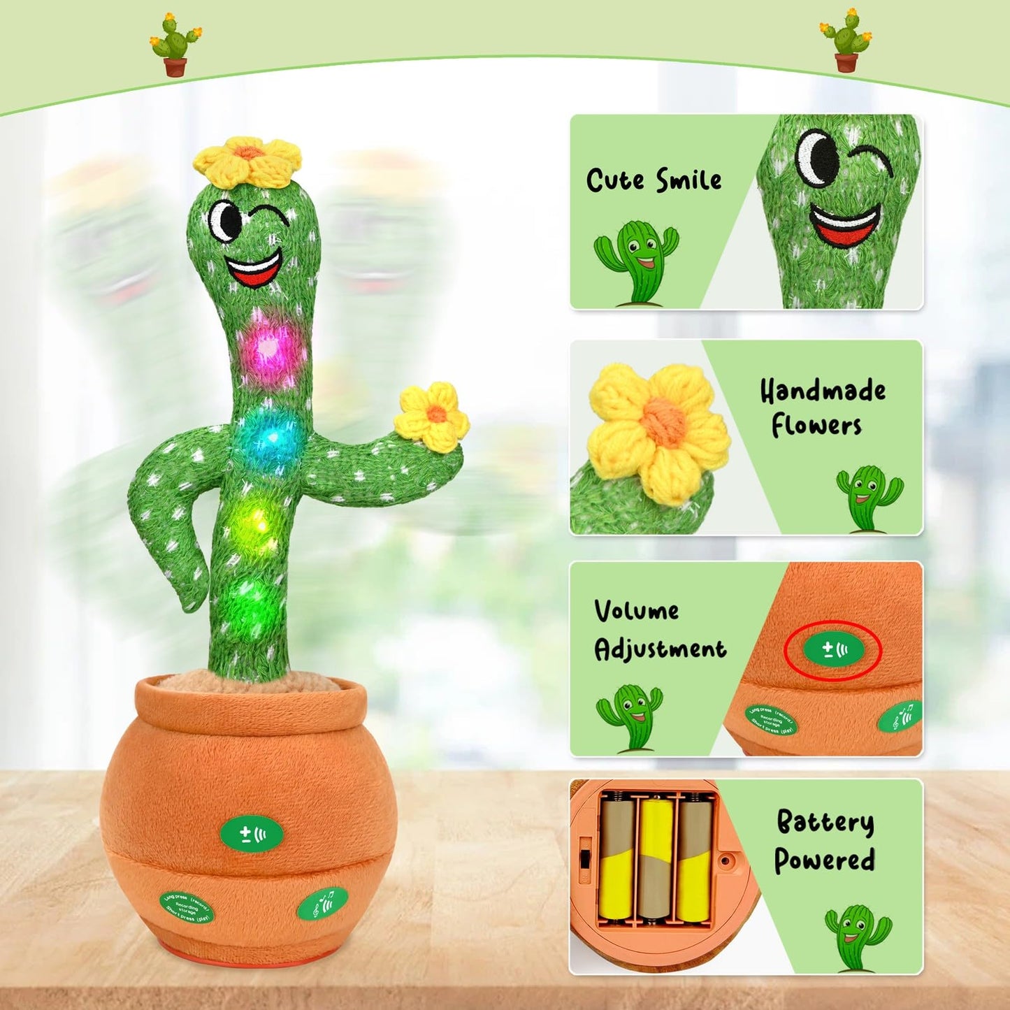 LGOUYGG Talking Cactus Baby Toy, Singing Mimicking Repeating Tummy Time Toys with Music and Light, Infant Babies Toddler Kids Bo