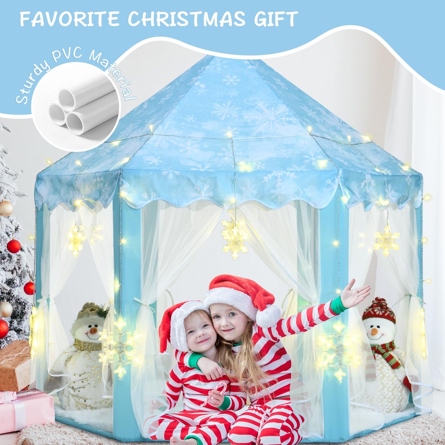 Kixinwa Frozen Princess Tent For Girls, Kids Play Tent With Led Large Snowflake Lights, Castle Playhouse Tent For Children Toddl