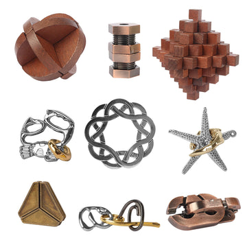 Actpo 9Pcs Retro Wooden And Metal Puzzles Bulk Gift For Kids, Teens, And Adults Unlock Interlock Brain Teaser Toys Game.