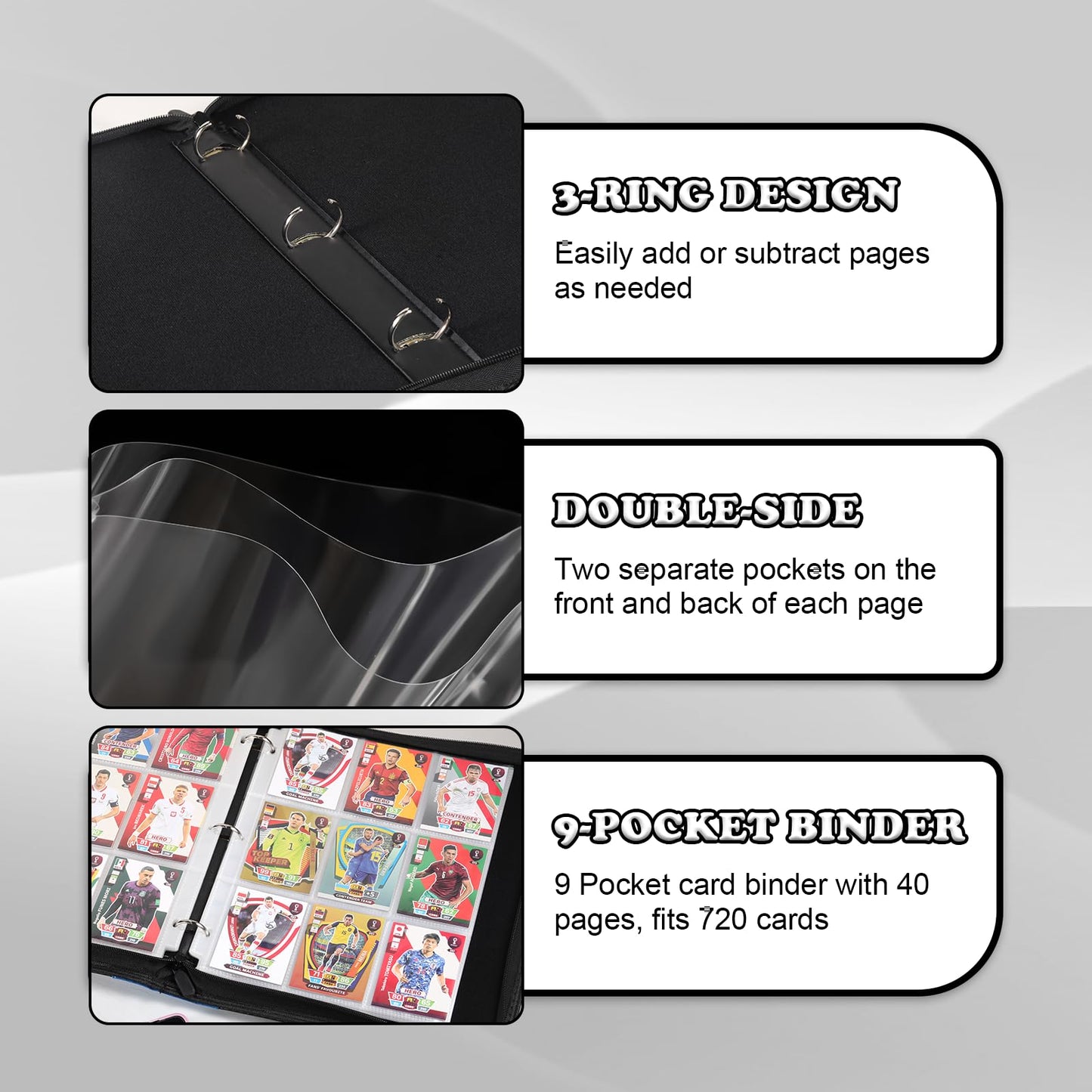 LIMSTDIC Card Binder for Pokemon Card  9 Pocket 40 Double-Sided Pages for 720 Card Pocket enhanced Zip PU Card Binder for Pokemon  Collectible For TCG MTG Baseball Football Trading Card Game(Black)