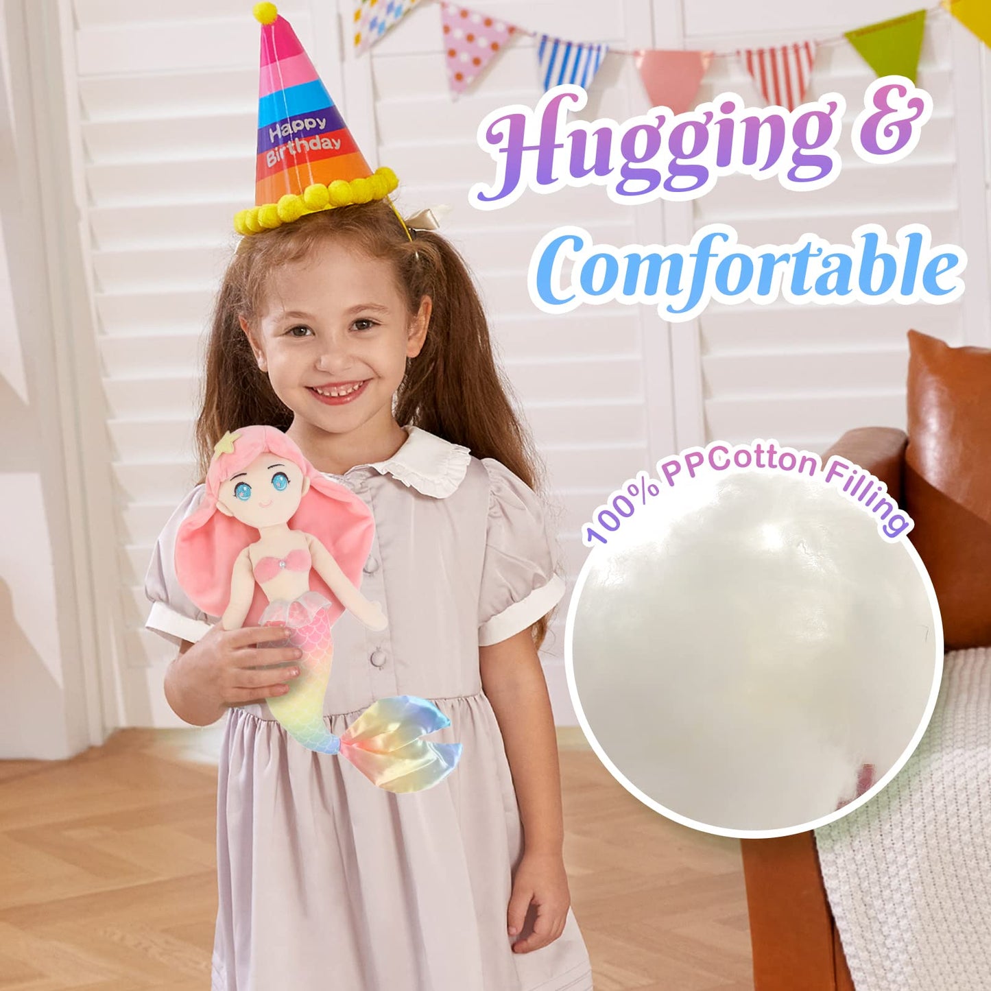 Athoinsu Mermaid Princess Stuffed Animal Cuddly Soft Hugging Plush Toy Doll Birthday Children'S Day Christmas For Toddlers Girls, Pink, 15.5''