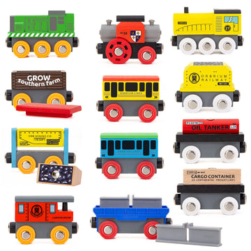 Orbrium 12 Wooden Train Cars Set With Wooden Storage Box With Box Cover Tunnel For 3,4,5,6,7 Years Old Compatible With Thomas & Friends Push-Along, Brio, Ikea, Imaginarium, Melissa And Doug