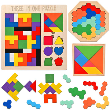 Wooderma 3 Pack Wooden Blocks Puzzles, 3-In-1 Russian Blocks, Octagon Puzzle, Tangrams Puzzles, Brain Teasers Toy Logic Game, Mo