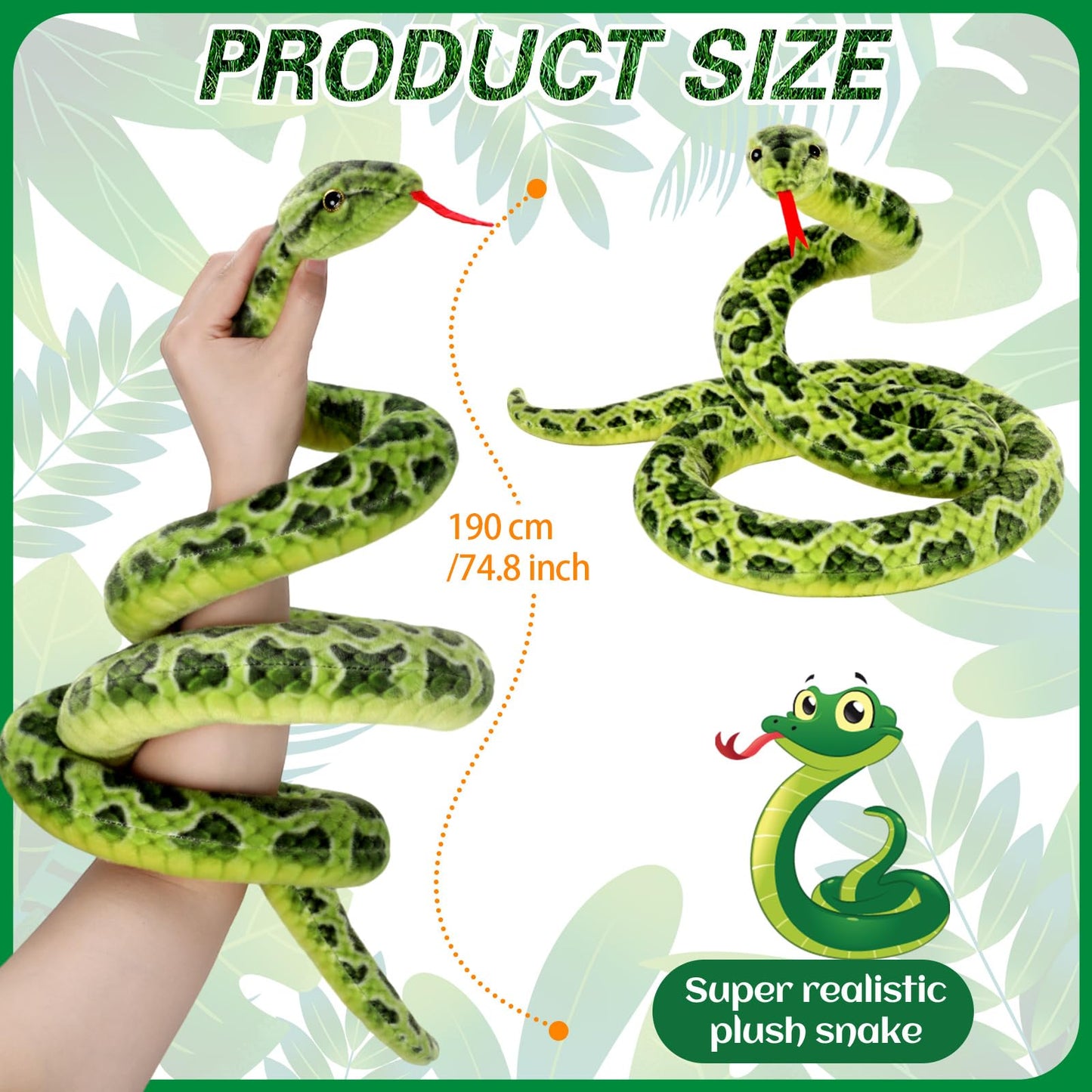 Gdzrdflh Giant Stuffed Snake, Lifelike Plush Snake, Cute Stuffed Animal For Birthday Present Or Party Prank (Cute Green)