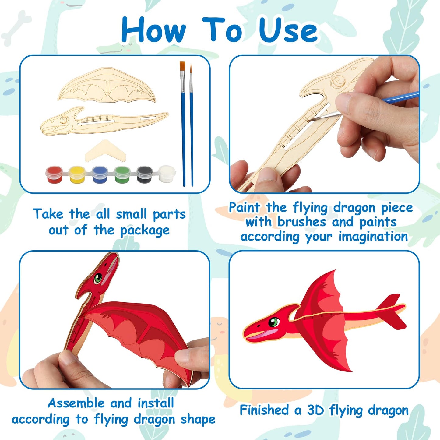 Fennoral 14 Pack Wooden Dragon Craft for Kids Make Your Own 3D Dragon kit for Boys Girls DIY Paint Wood Craft for School Art Act