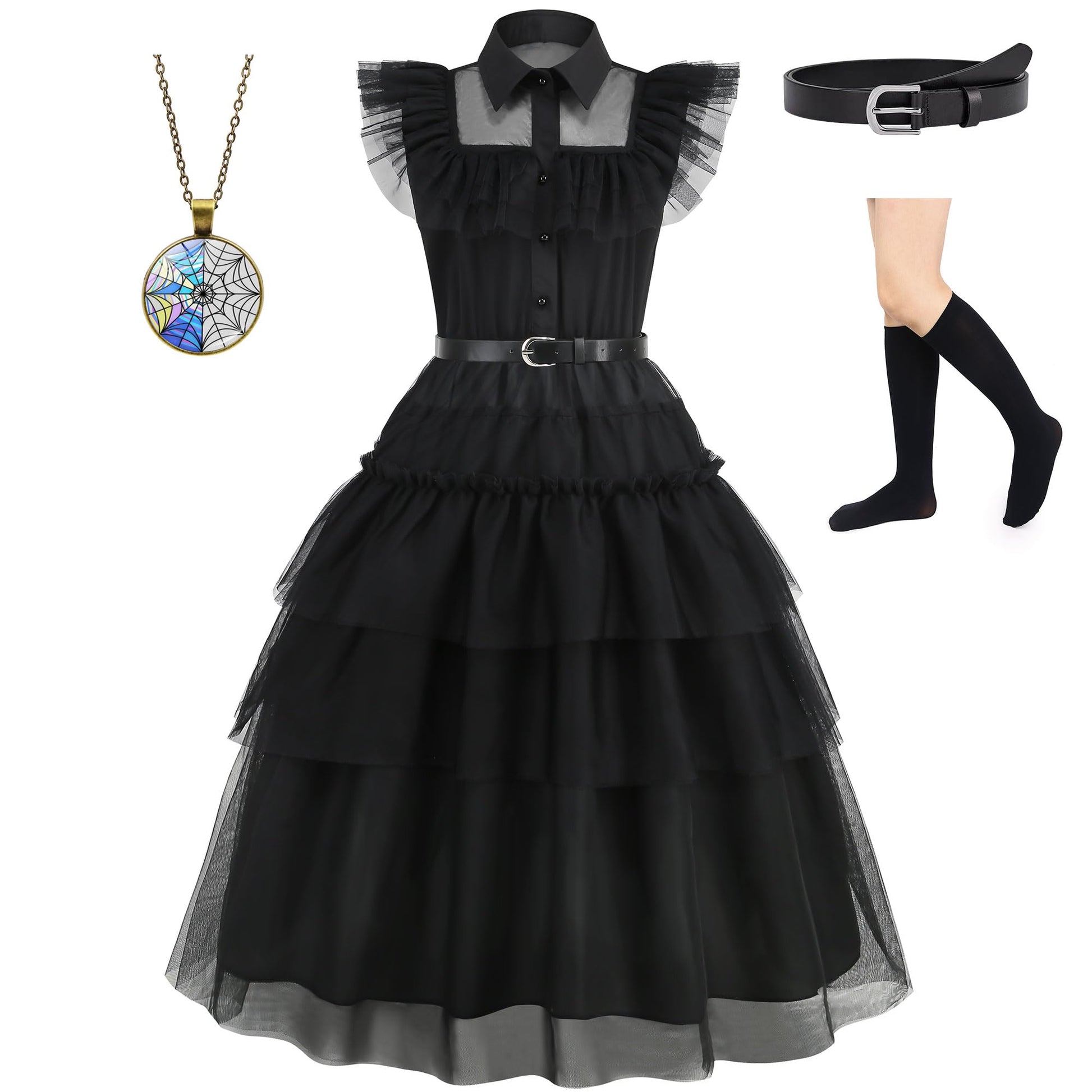 Lauphie Black Wednesday Addams Costume Girls Dress Kids Family Costumes Halloween Costumes Cosplay Party Dress 4-13Y