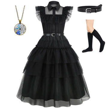 Lauphie Black Wednesday Addams Costume Girls Dress Kids Family Costumes Halloween Costumes Cosplay Party Dress 4-13Y