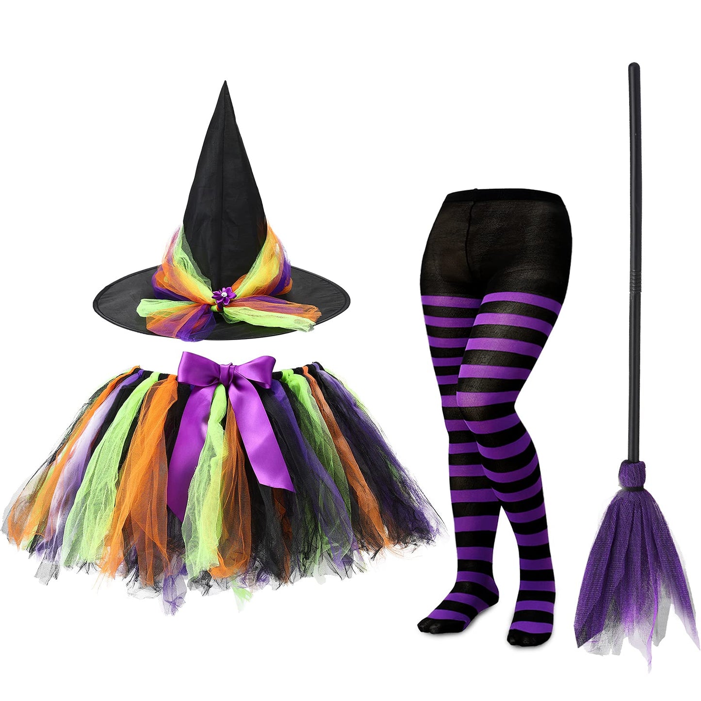 Satinior Halloween Tutu With Witch Hat Halloween Witch Costume Set For Girls Witch Tutu Skirt, Striped Tights And Plastic Witch Broom For Cosplay Party Favors Supplies