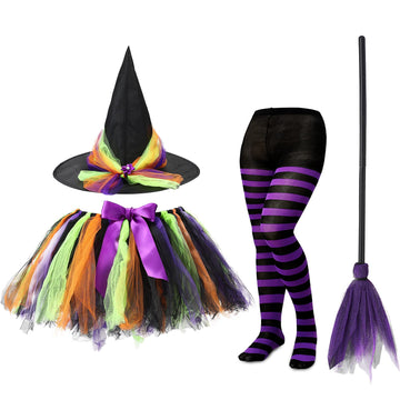 Satinior Halloween Tutu With Witch Hat Halloween Witch Costume Set For Girls Witch Tutu Skirt, Striped Tights And Plastic Witch Broom For Cosplay Party Favors Supplies