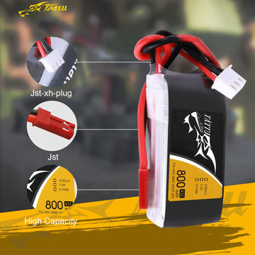 TATTU 800mAh 7.4V 45C 2S1P LiPo Battery Pack with JST-SYP Plug for Small Size FPV Torrent 110