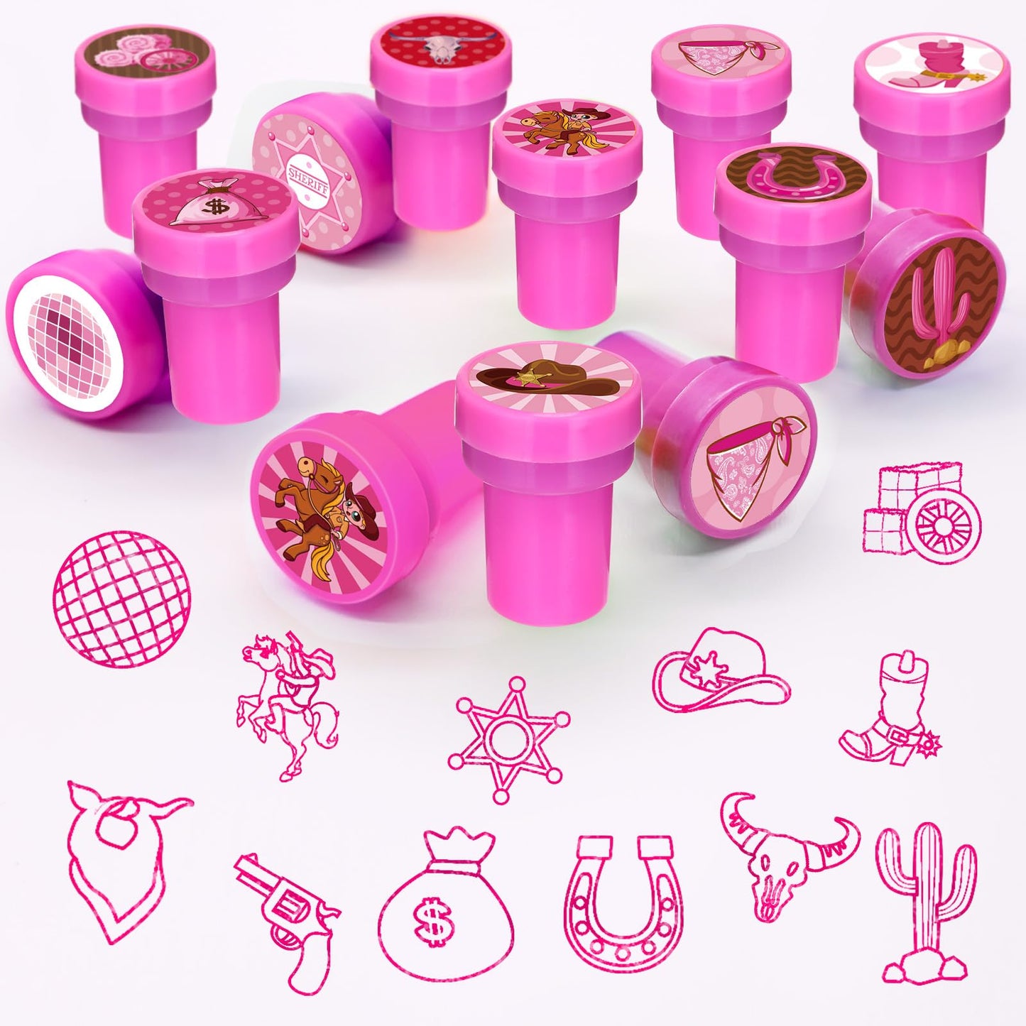 Cinrobiye 24 PCS Pink Western Cowgirl Party Stampers - Wild West Birthday Favors for Girls, Barn & Wooden House Party Supplies,