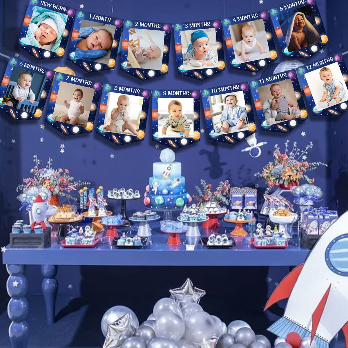 Fangleland First Trip Around The Sun Photo Banner, Outer Space 1st Birthday Party Decoration - Blue Solar System Baby Picture Ba
