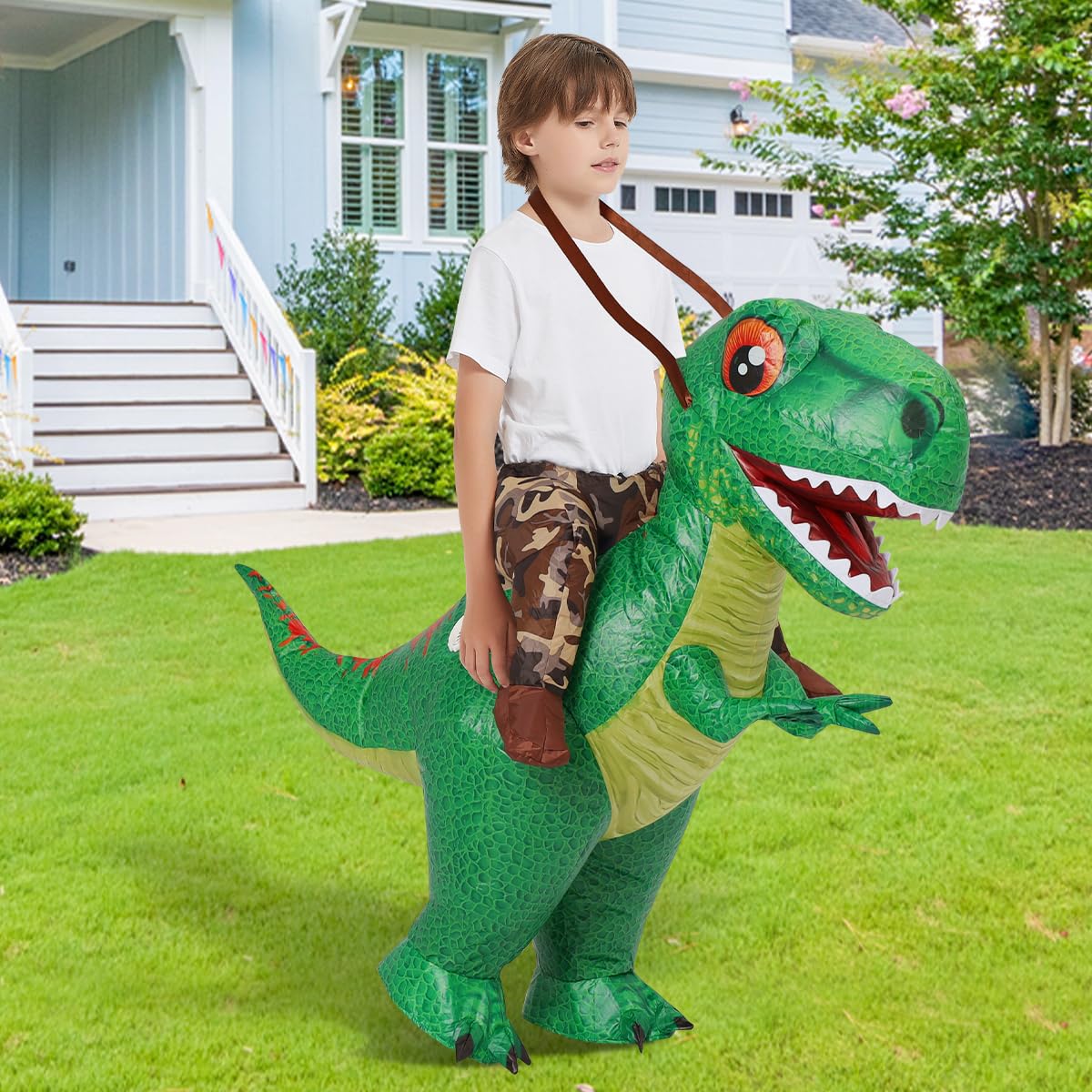 Comin Inflatable Ride-On Dinosaur Costume For Kids T-Rex Blow Up Green Dino Costume Funny Halloween Party Dresses 48''