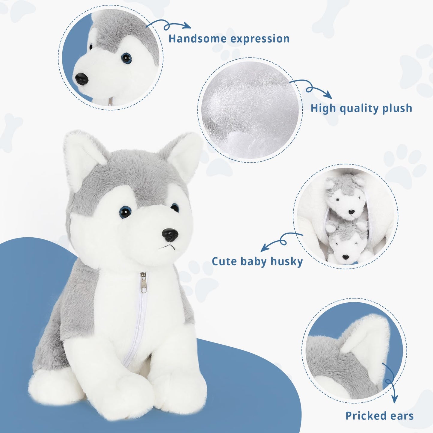 Muiteiur Plush Husky Dog Stuffed Animal, Soft Cotton, Gray, 16-inch, Zippered Belly with 2 Cute Baby Puppies, Great Gift for Kids