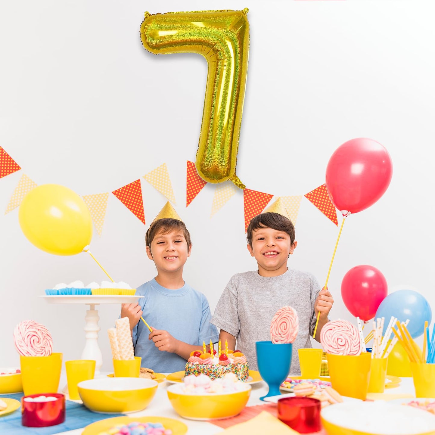 Giant 7 Number Balloons, 40 Inch Laser Gold Foil 7 Balloons Decor, Iridescent Globos Dorados Helium Self Inflating Mylar 7 Ballo