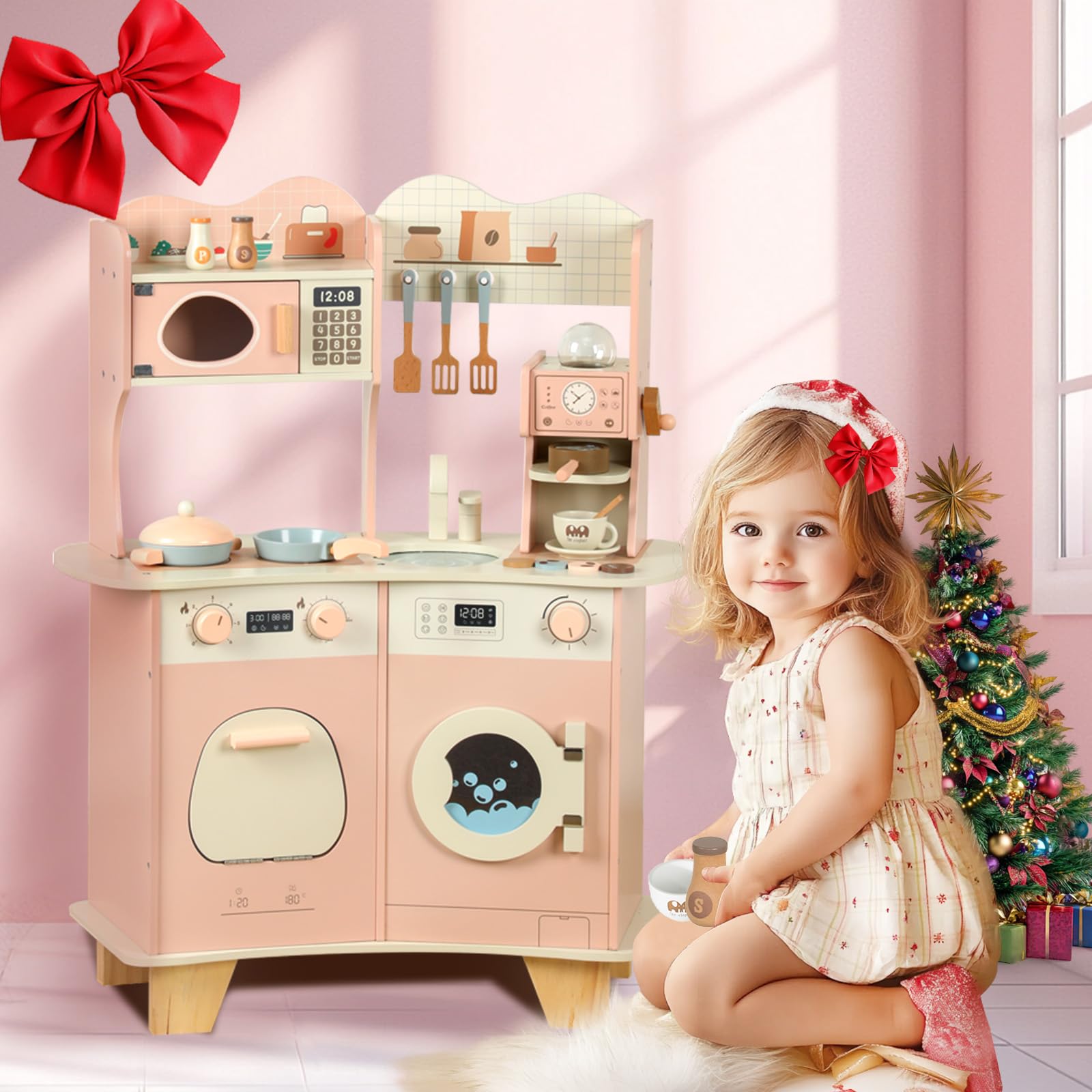 Wooden Play Kitchen For Kids Toddlers, Wooden Pretend Play Kitchen Set Toy With Washing Machine And Coffee Grinder, Toys Kitchen