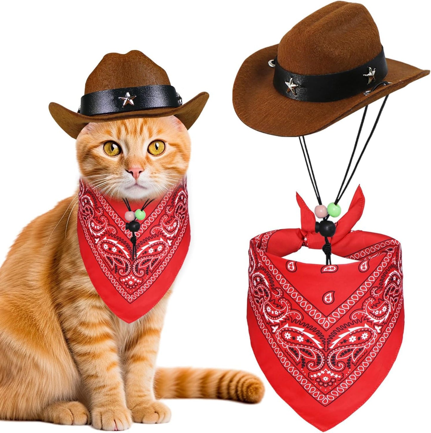 Pet Cowboy Costume, Cat Halloween Costumes Halloween Pet Cat Cowboy Hat With Bandana Scarf For Cats Small Pets (Brown, Small)