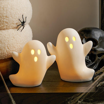 WDS WONDROUS Halloween Decorations Light Up Ghost Figurines Set of 2, White Floating Ghost Statues with LED, Ceramic Cute Hallow