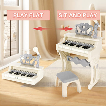 Deao Children'S Piano For Girls, Children'S Musical Piano Keyboard Toys, Electronic Piano Toy With Stool And Microphone, 25 Keys, 22 Songs (White)