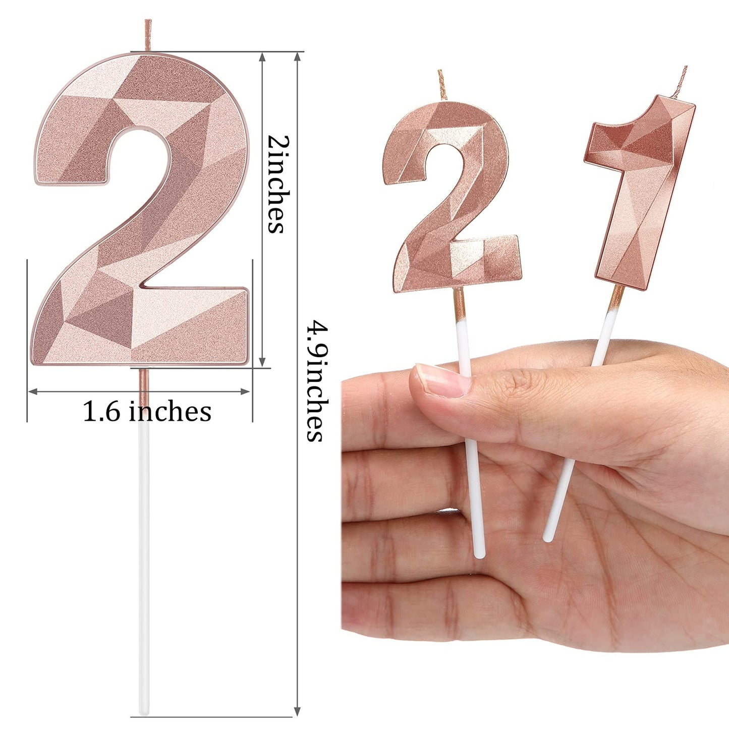 21st Number Birthday Candles 3D Diamond Shape Numeral Candles Happy Birthday 21 Candles Cake Topper for Birthday Wedding Decorat