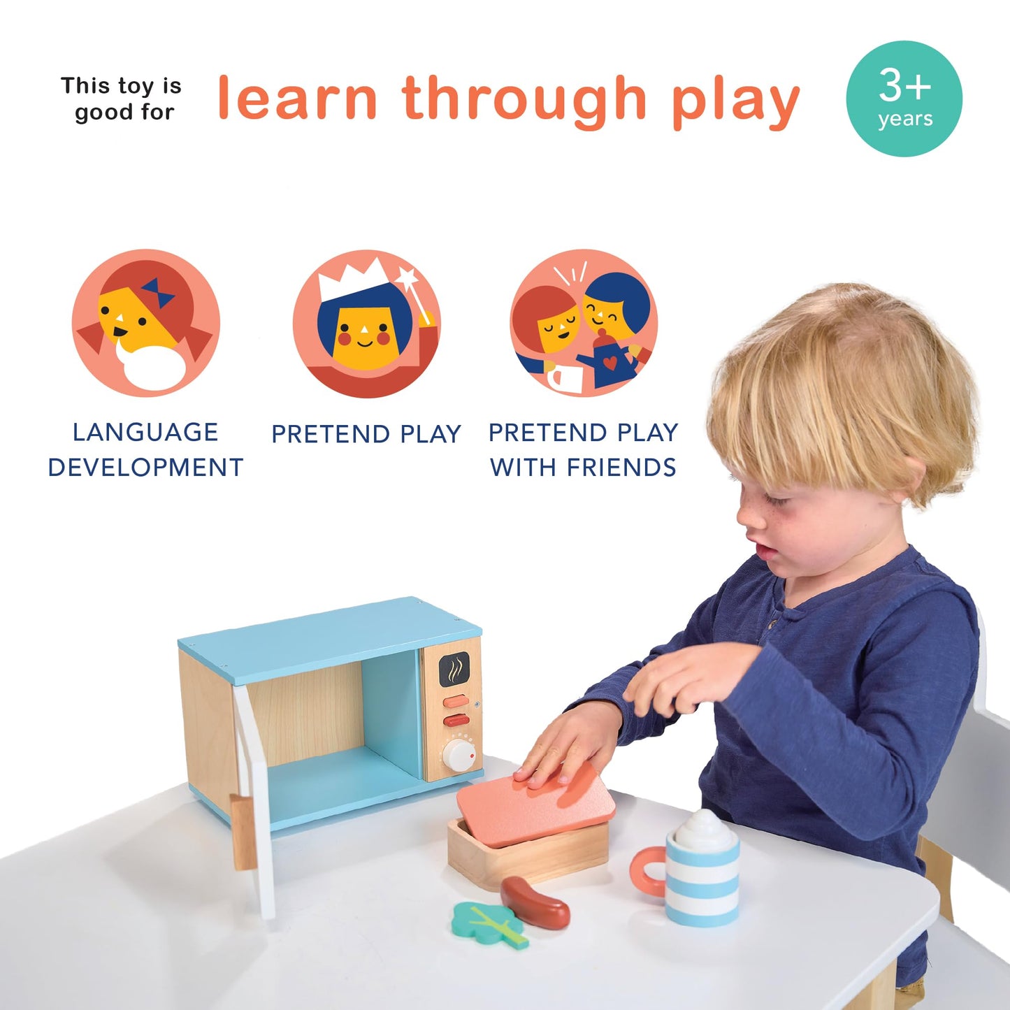 Mentari Toys - Toy Microwave - 9Pc Wooden Microwave Set With Pretend Play Food - Kids Role Play Kitchen Accessories - Improve So