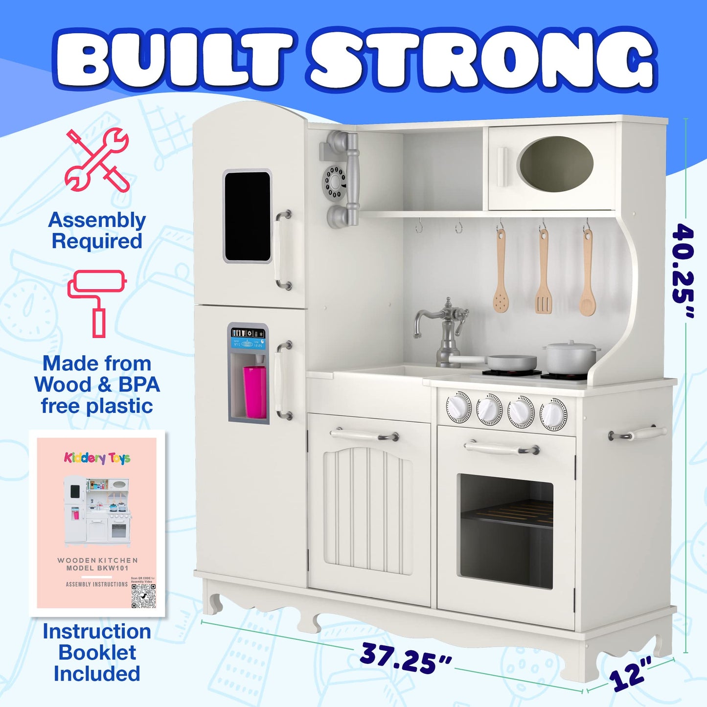 Play Kitchen - Wooden Kitchen Playset for Toddlers & Big Kids - Mini Pretend Toy Kitchenette for Boys & Girls - Vintage Phone, R