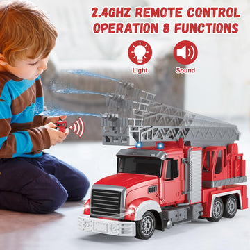 QuirkyGlee 9 CH Remote Control Fire Truck, Rc Fire Truck Toy, Fire Truck with Lights Working Water Pump and Rotating Rescue Ladd