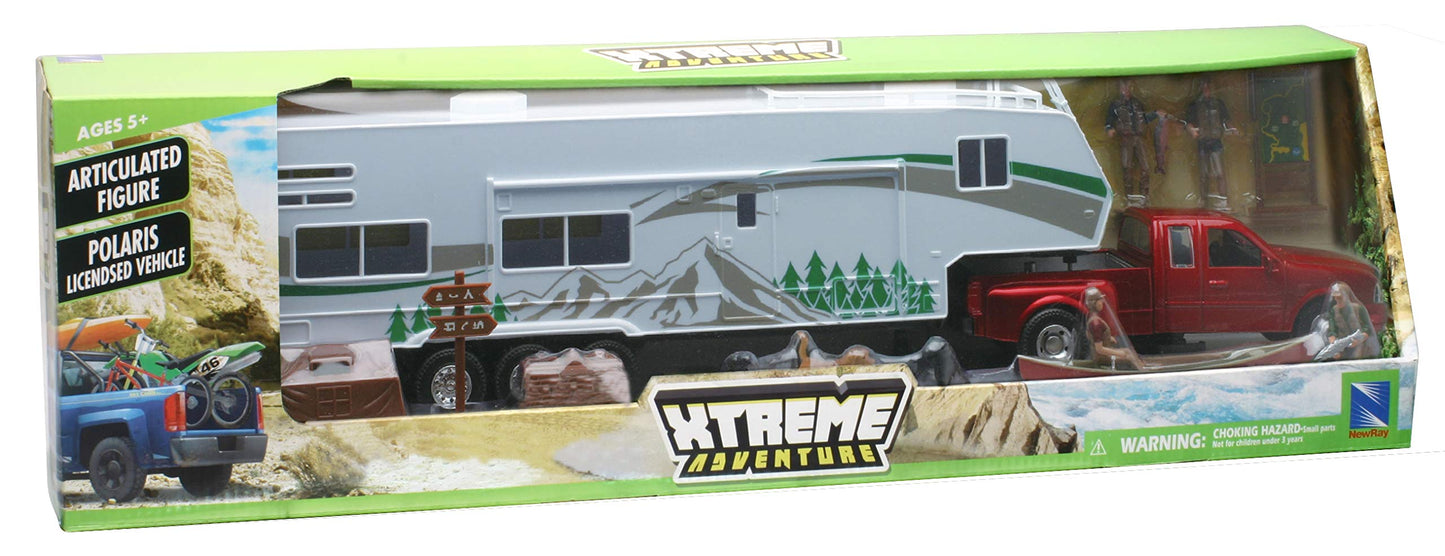 NewRay Toys Die Cast Pick Up Truck with Camper Trailer and Accessories