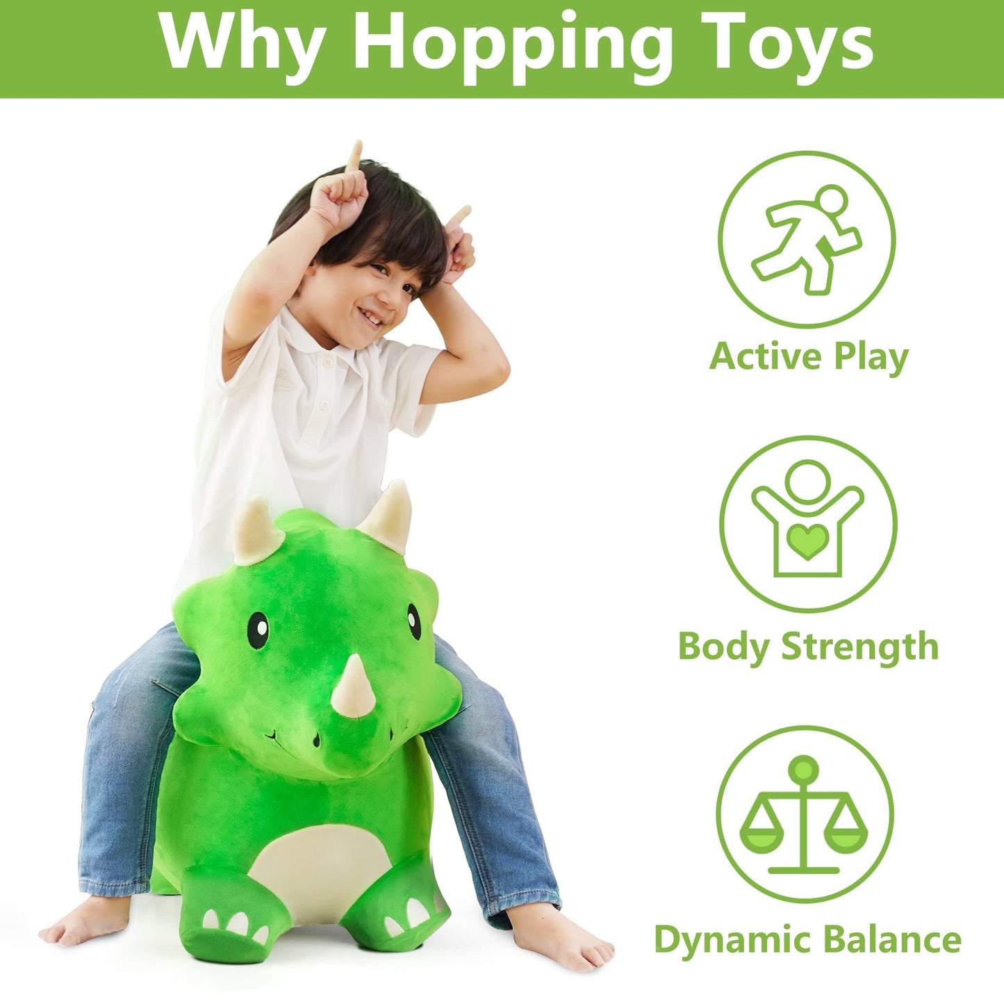 iPlay, iLearn Bouncy Pals Dinosaur Hopper Toy - Large Green Plush Triceratops for Kids, Perfect Outdoor Gift for Toddlers 2-6 Years