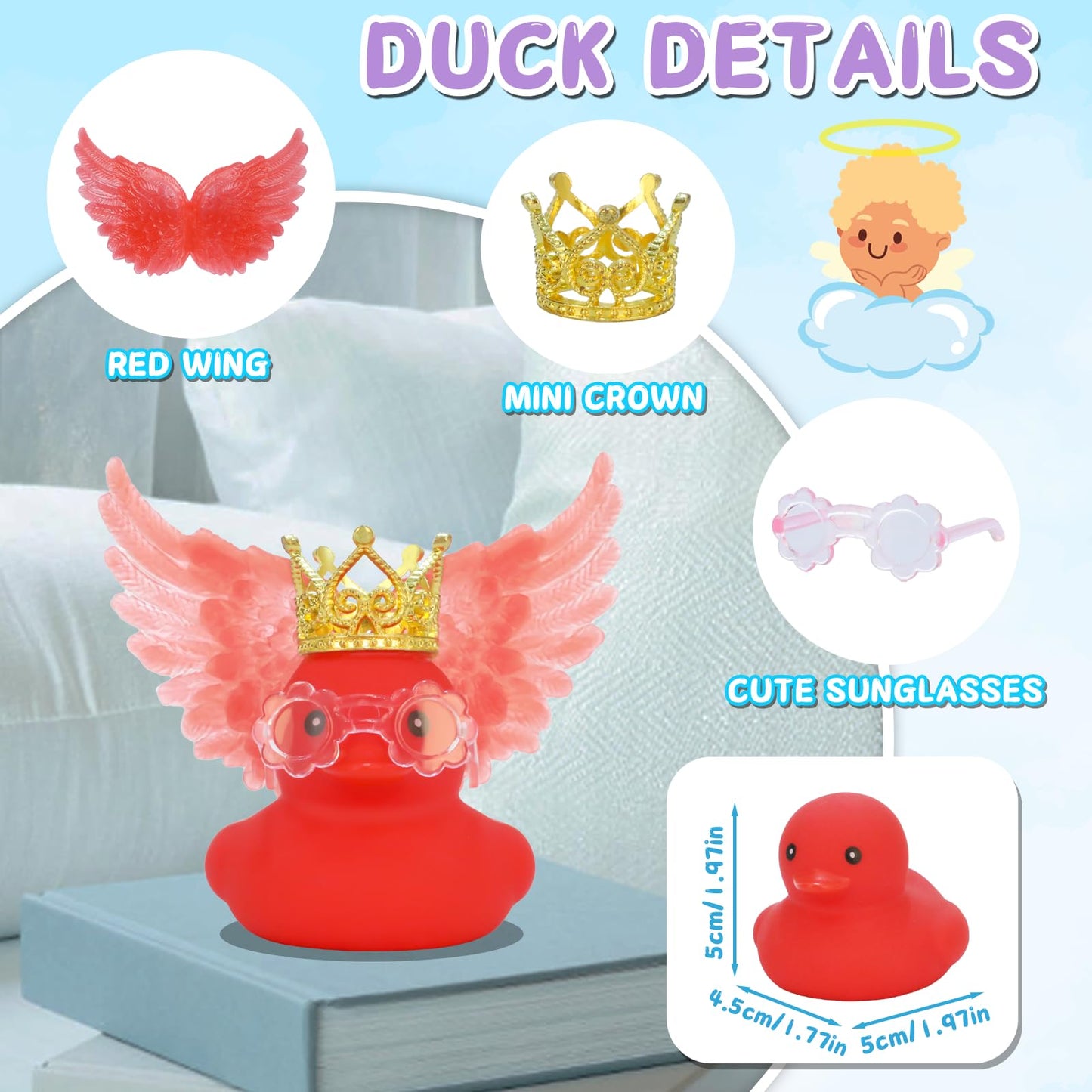 AOT Red Angel Rubber Duck Car Ornaments Squeaky Duck with Wing,Mini Crown,Sunglasses Car Dashboard Decorations Party Favors Duck