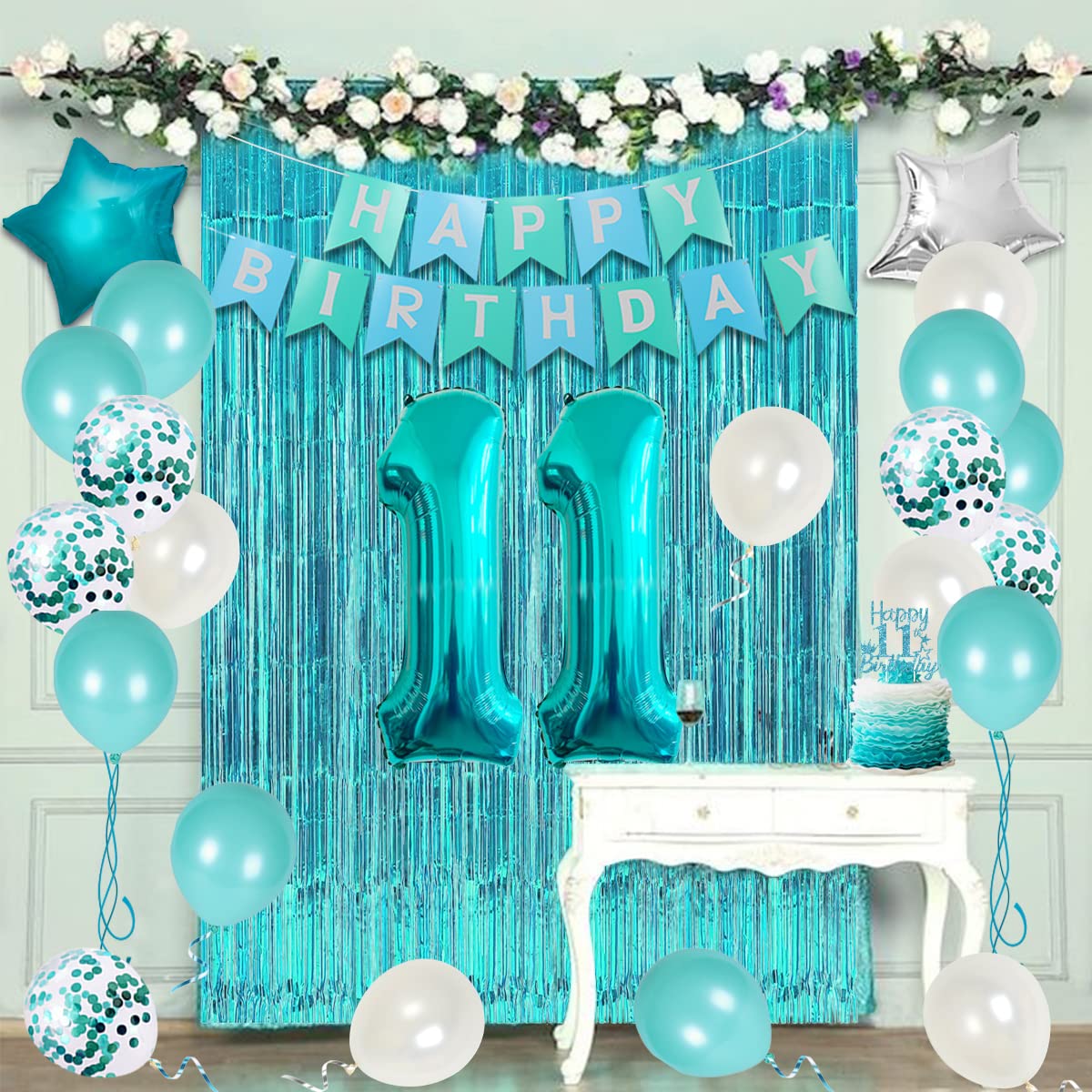 Funmemoir 11th Birthday Decorations - Teal Cake Topper, Fringe Curtain, Banner & Foil Balloon for Girls, 11 Year Old Birthday Decor