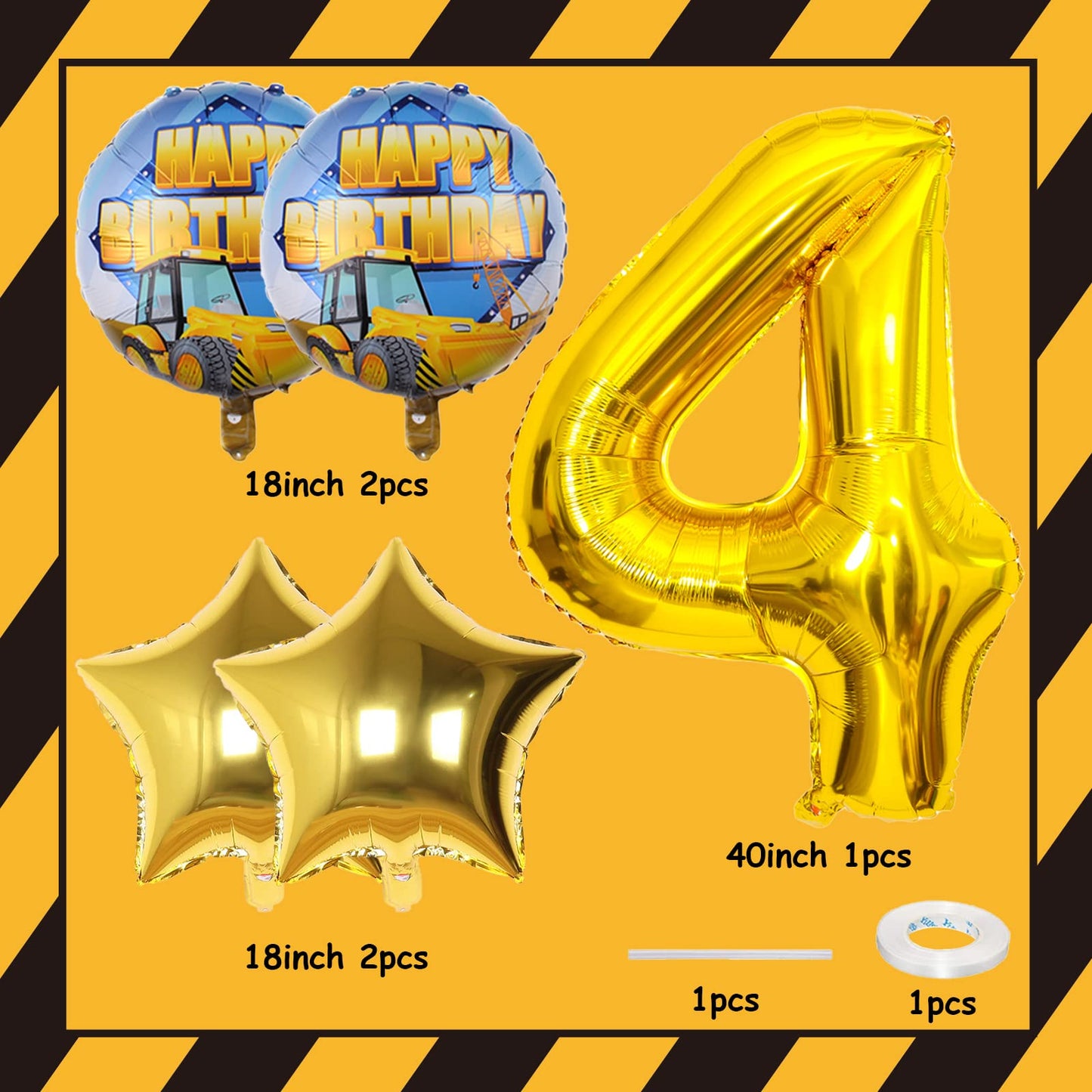 Construction Balloons 4Th Birthday, 9Pcs 40 Inch Gold Number 4 Balloons With Large Excavator Dump Truck Crane Bulldozer Foil Myl