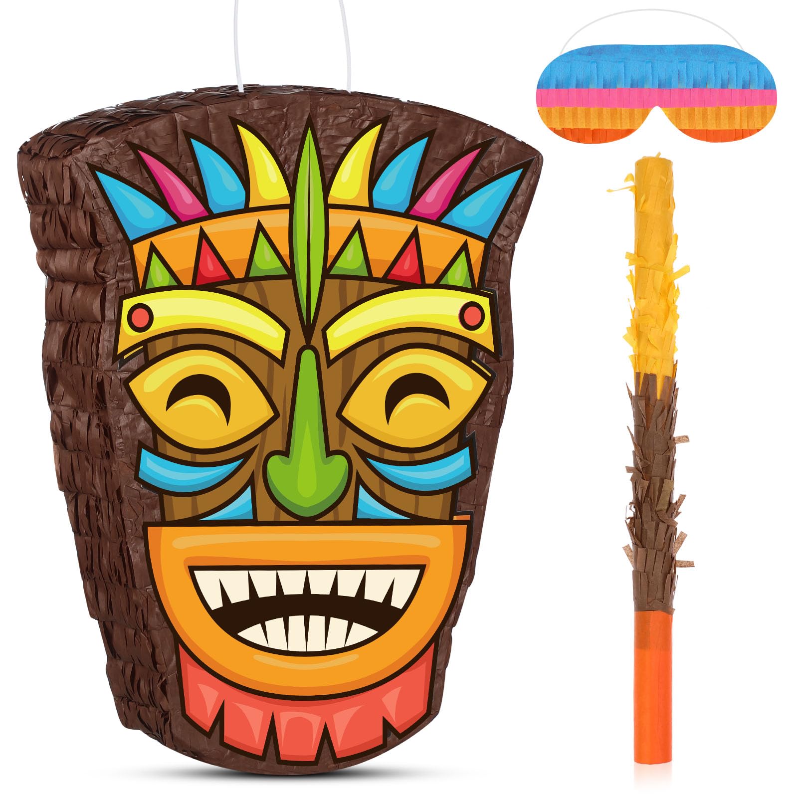 Threan Small Tiki Piñata Tropical Hawaii Piñata With Blindfold Bat Aloha Luau Piñata For Hawaiian Luau Themed Party Decoration Summer Birthday Party Supplies, 15.7 X 3.1 X 12.2 Inch
