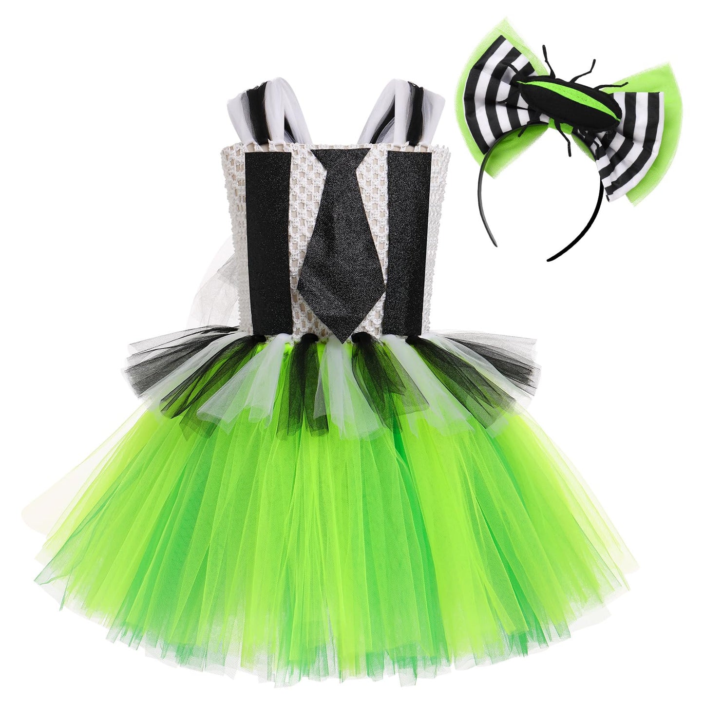 Obeeii Kids Girls Halloween Costume Black White Stripe Tulle Tutu Dress With Headband Set Carnival Fancy Dress Black-Green 6-7 Y